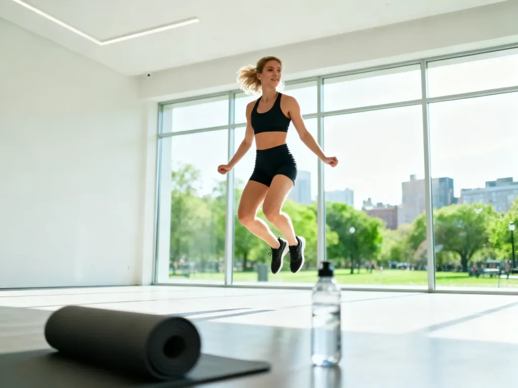 Wysportowana kobieta wykonuje pajacyki w nowoczesnej siłowni, co ilustruje dynamiczny trening cardio.